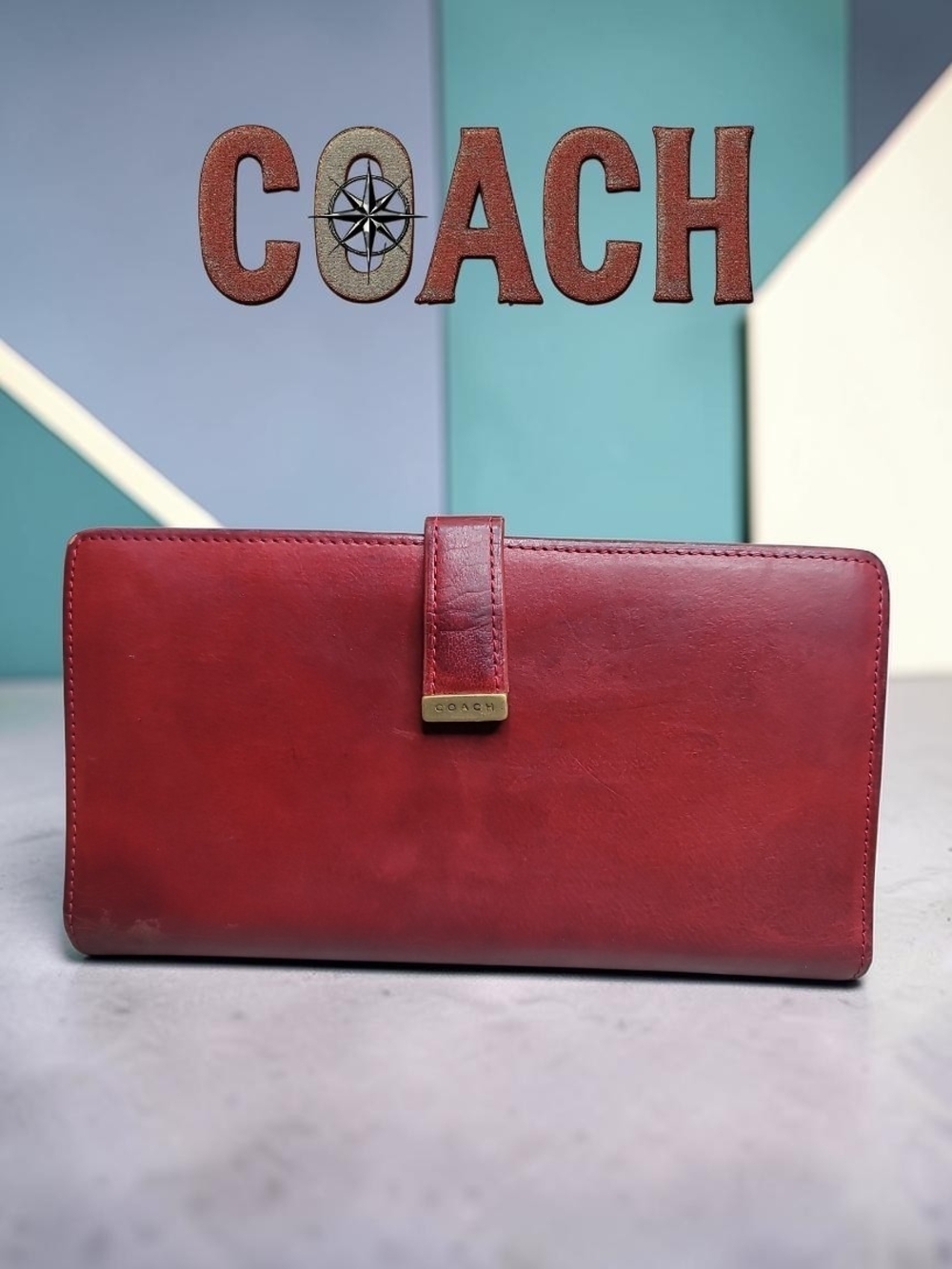 COACH Red Vintage Buffalo Calf Leather Continental Kisslock Wallet Preloved